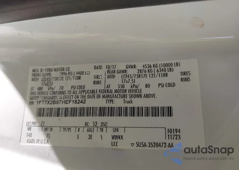 2017 Ford F-250 Xl z USA, uszkodzony, nr VIN 1FT7X2B67HEF18242